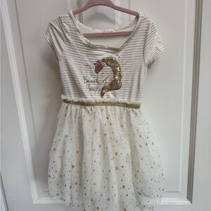 Young Hearts 3T White & Gold Stripe Tutu Unicorn Short Sleeve Girls Magic Dress